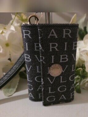 Bulgari Black  Key Case with Gold Hardware With Wristlet Strap
